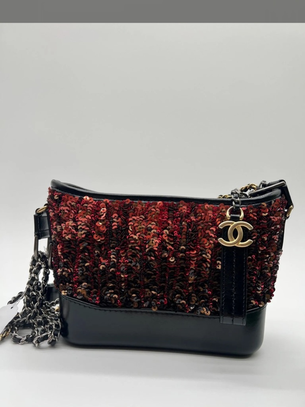 CHANEL Gabrielle Red and Black Sequin Chain Crossbody Bag
